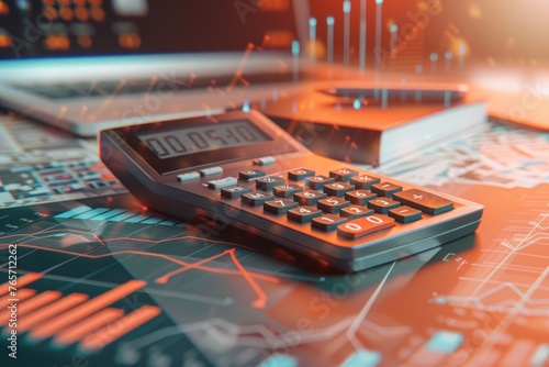 Macro view of a calculator, budget books, and a background of recession graphs, signifying financial planning in crisis , 3D render