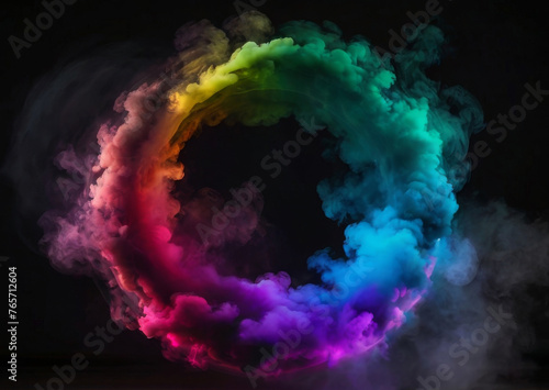 Neon circle with multicolored smoke on a black background. AI © IM_VISUAL_ARTIST