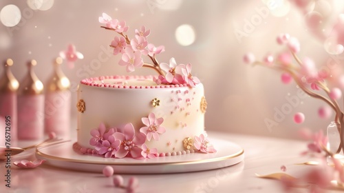 White Cake With Pink Flowers on Table