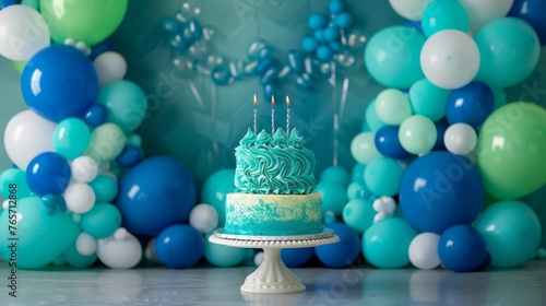 Blue and Green Birthday Cake on Table