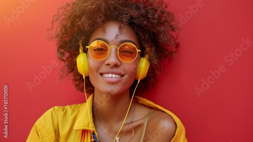 A woman in a yellow clothing is wearing headphones