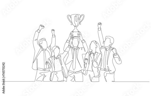 Continuous one line drawing of business people celebrating with trophy, team success concept, single line art.