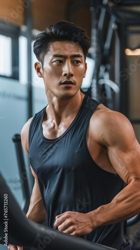 athletic Asian man is training in the gym	