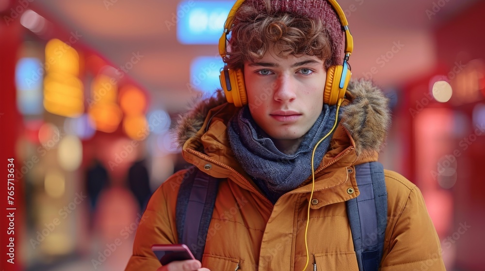 A young man wearing glasses and a yellow jacket is wearing headphones