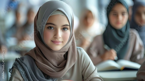 Classroom Study Session: Muslim Girl in Hijab Taking Notes with Classmates