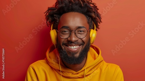 A man wearing glasses and a yellow sweater is smiling while holding a cell phone © hakule