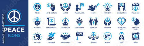 Peace icon set. Containing pacifism, dove, harmony, tranquility, freedom, conciliation, peace day and more. Solid vector icons collection.
