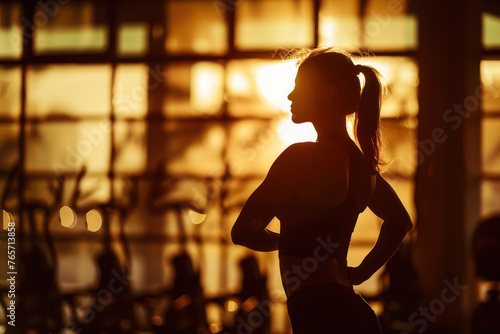 Gym Glow - A woman in a moment of joy, her silhouette glowing against the gym's ambient light, an embodiment of healthy vitality.