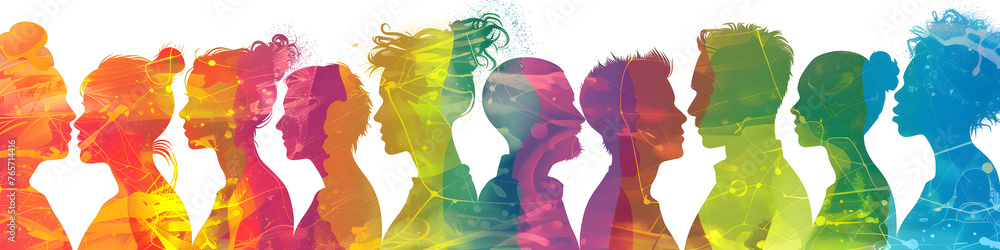 Colorful silhouettes of diverse people holding hands, Diversity Equity and Inclusion, modern company background - obrazy, fototapety, plakaty 
