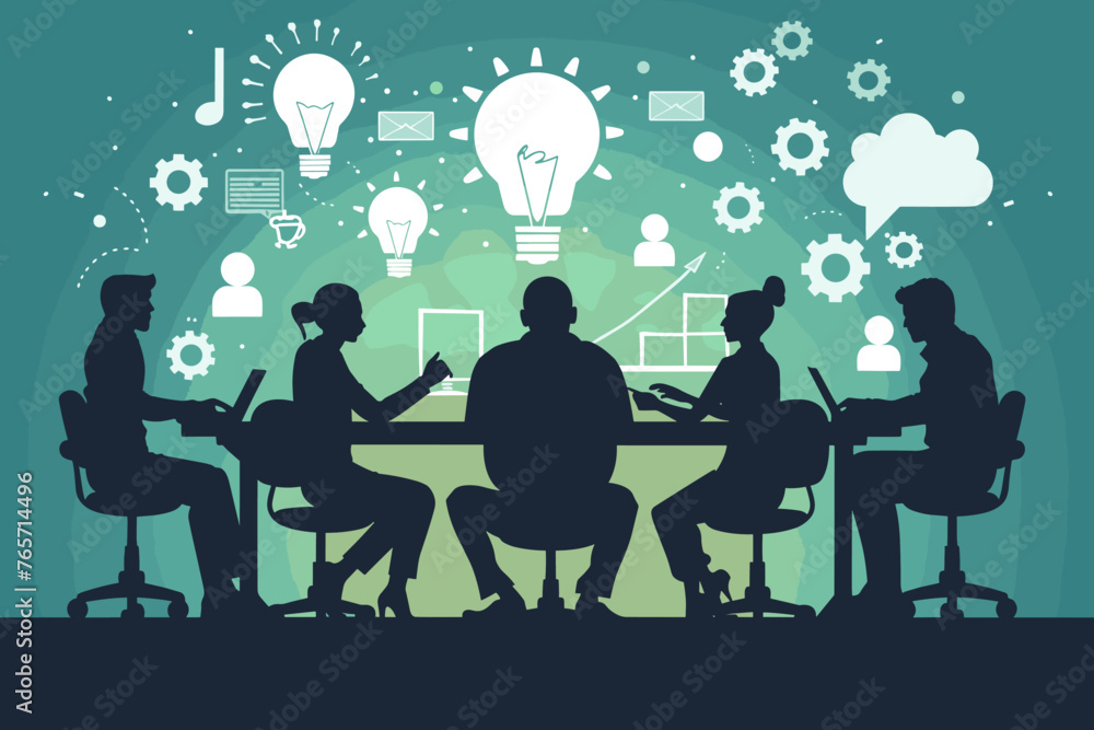 Business Workshop Brainstorming - Team Meeting to Generate New Ideas, Training Course with Q&A Discussion. People in Conference Room with Whiteboard, Sticky Notes. Vector Illustration for Web, Ad.