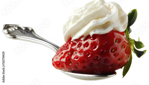 Strawberry with whipped cream on a spoon isolated on white background photo