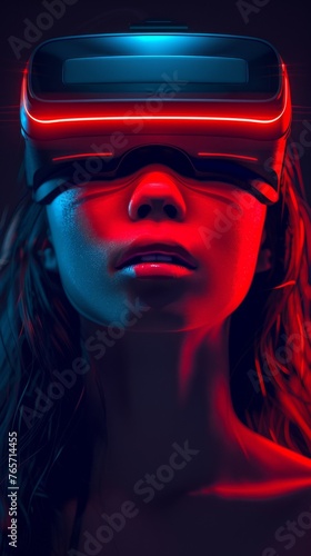 A woman is wearing a virtual reality headset and looking at the camera