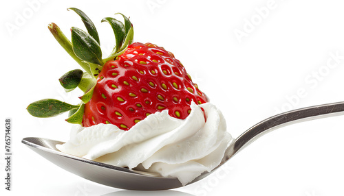 Strawberry with whipped cream on a spoon isolated on white background