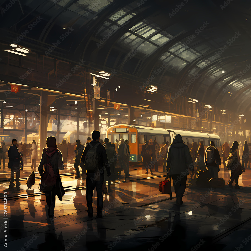 A bustling train station with commuters rushing. 