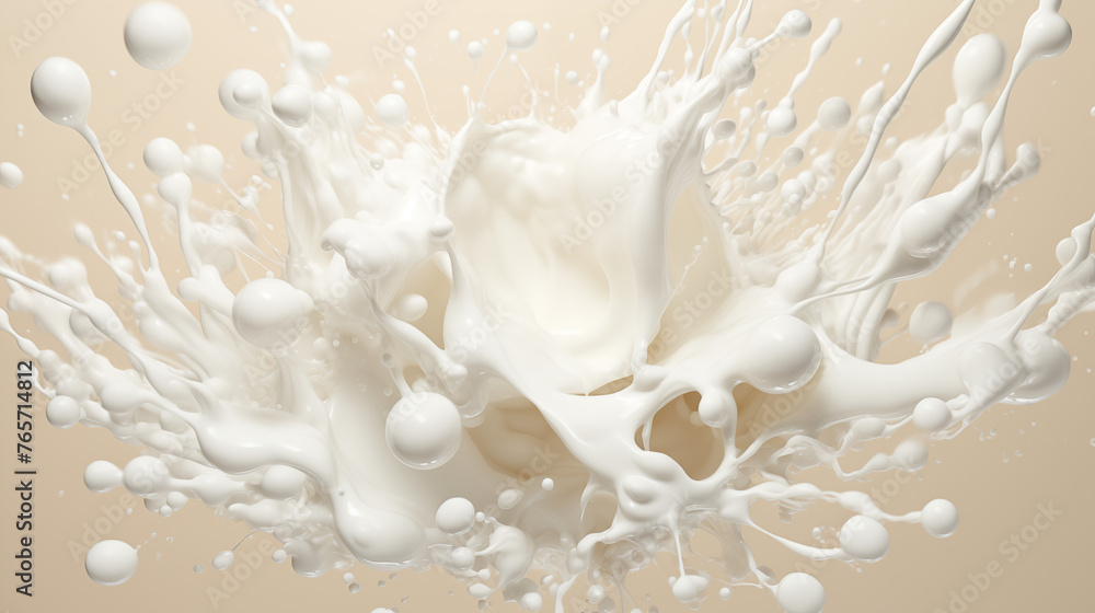 Dynamic Milk Splash on Beige Background in High-Speed Photography. Dynamic Milk Splash on Beige Background in High-Speed Photography.