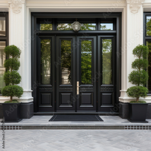Main door to the luxury house with spring decoration  beautiful elegant entrance to the house  modern and elegant door  Spring time  Mockup 