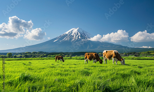 cows in the meadow with blue sky 