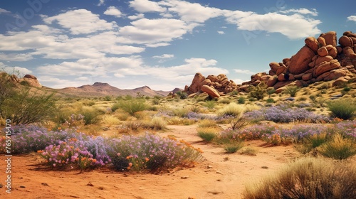 wide-angle shot of desert hills covered in blooming flowers