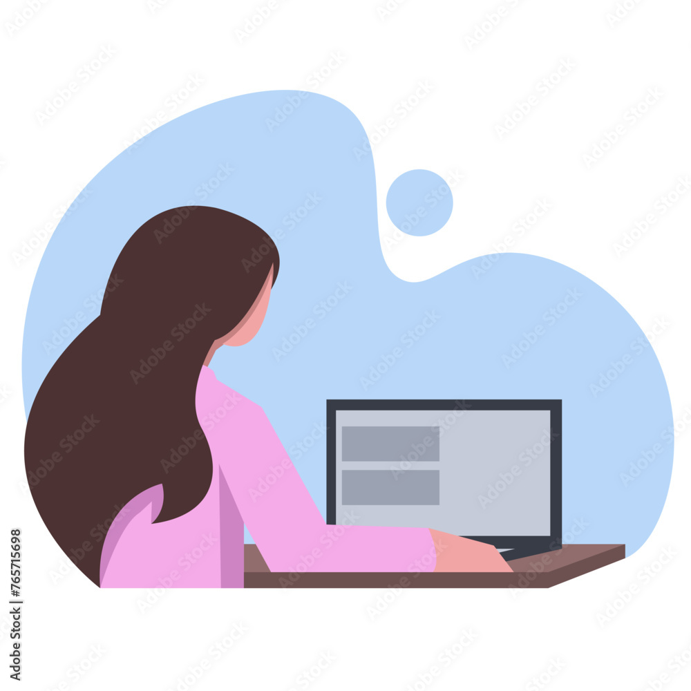 woman is working in the office. suitable for business themes. typing, finance, success, work. flat vector illustration.