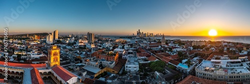 Panorama Cartagena, Colombia from drone at sunset 