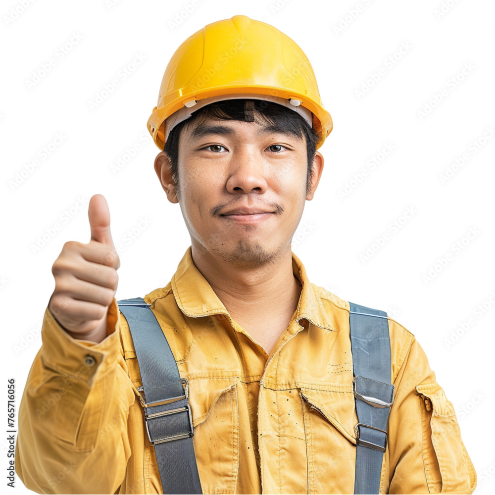Handsome Asian worker showing thumb-up on white background. With clipping path