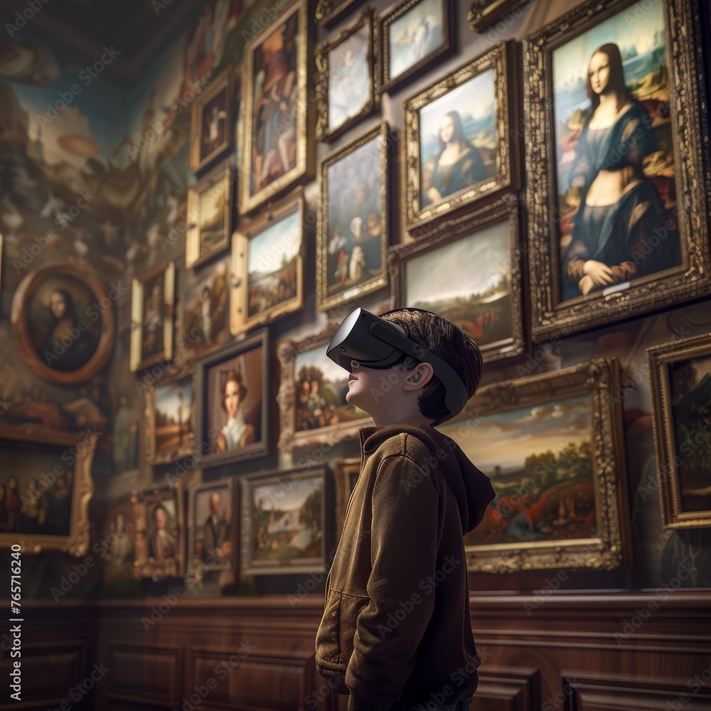 Person Standing Blindfolded in Front of Wall of Paintings