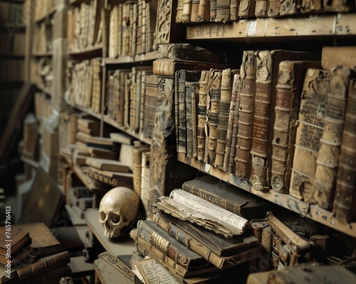 A hermetic library filled with ancient texts and mysterious symbols, shrouded in secrecy
