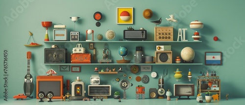 A quirky and offkilter depiction of objects arranged cattywampus, adding a touch of whimsy and playfulness