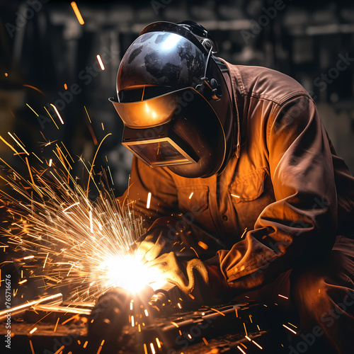 A close-up of a welder working on metal with sparks flying © Cao