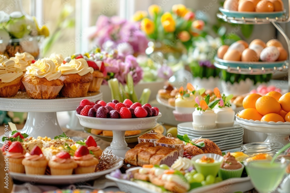 Delicious Easter Brunch: A Festive Breakfast Buffet on the Table with Quiches, Cupcakes, Deli and Easter Eggs Delicious Easter Brunch: A Festive Breakfast Buffet on the Table with Quiches, Cupcakes, Deli and Easter Eggs
