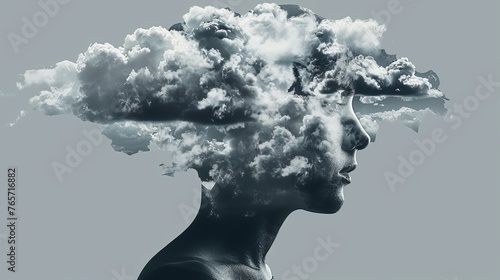 Illustration of mental health concept human silhouette of open mind with clouds covering on with intrusive thoughts disorders against gray background photo