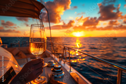 Sunset Cruise: a luxurious yacht sailing into the sunset, with happy vacationers raising their glasses in celebration of a perfect day on the water. photo