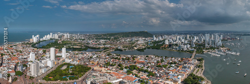 Panorama drone shot of Bocagrande in Cartagena, Colombia from above