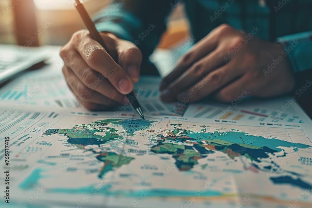 Close-up of hands planning on world map for marketing strategy. Close-up of hands planning on world map for marketing strategy.