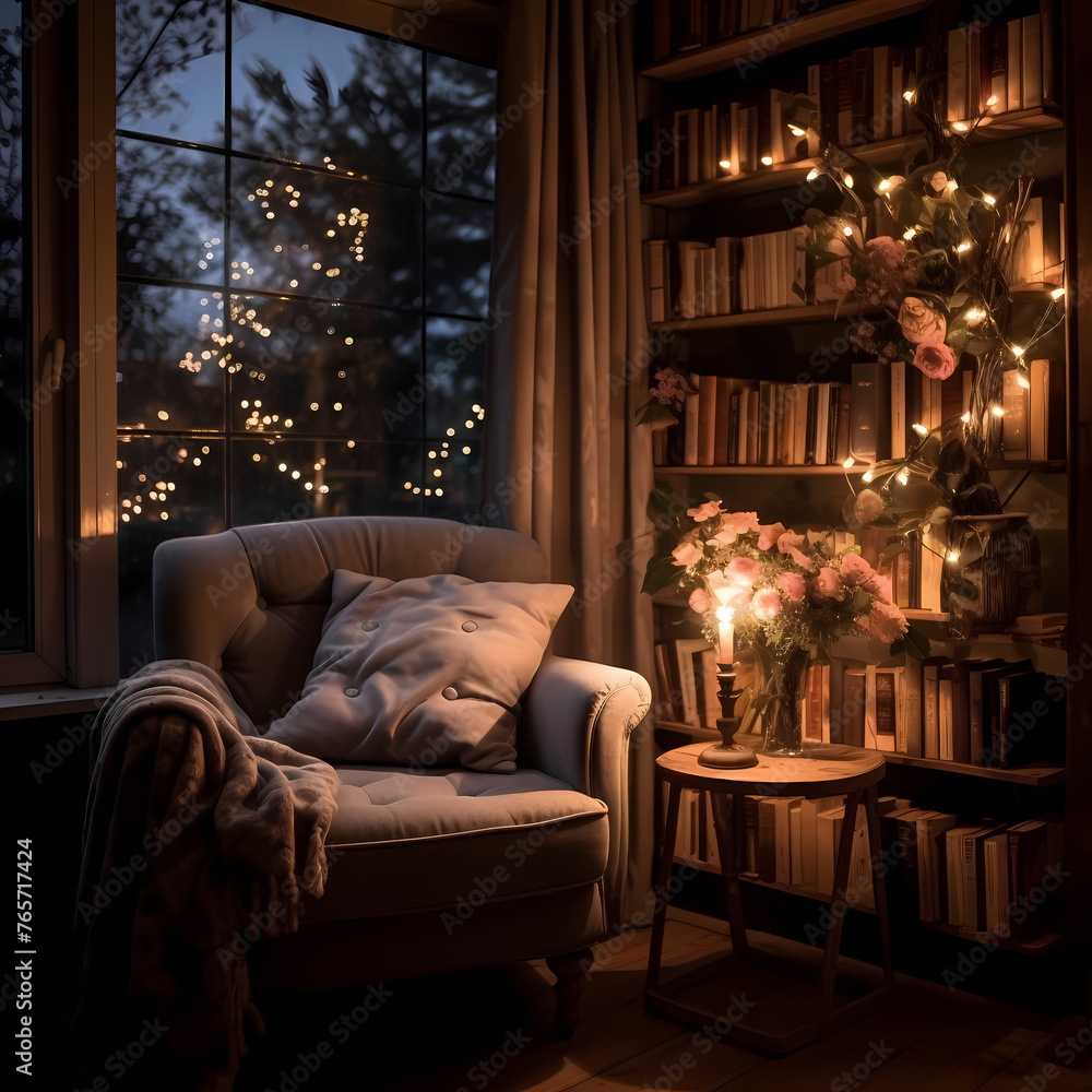 A cozy book nook with a reading chair and soft lights