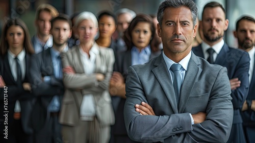 Successful Team of Diverse Business Professionals Led by Middle-Aged Man with Folded Arms