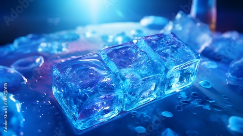 Glacial Symmetry: Perfectly Formed Ice Cubes Glisten Against a Serene Blue Background, Capturing the Essence of Crispness and Coolness.
