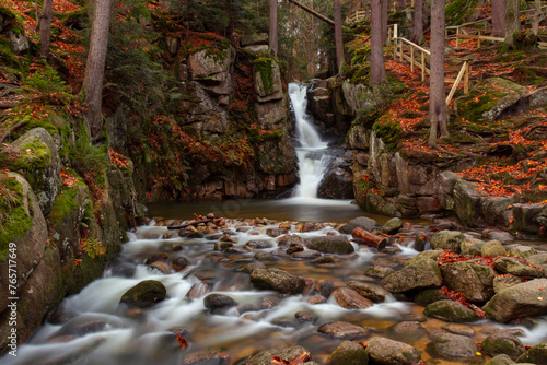 Fototapeta Naklejka Na Ścianę i Meble -  The Podgórna Waterfall in autumn, waterfall in the Karkonosze Mountains (Przesieka)