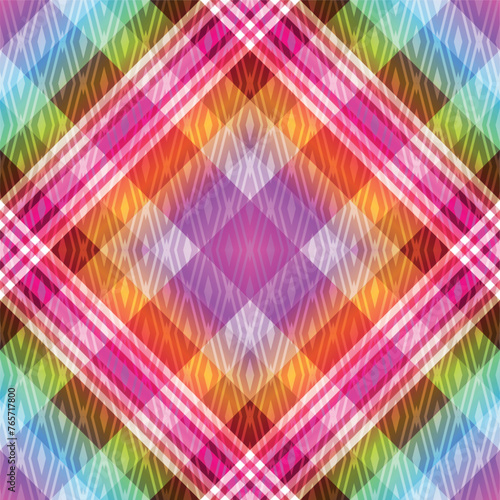 Vector seamless pattern with orange, green and violent diiagonal strips and white rhombuses