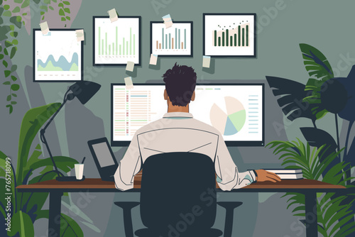 Businessman analyzing financial data, business report and market research concept, vector illustration.