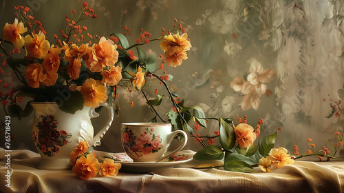 Elegant Autumn Still Life with Flowers and Tea