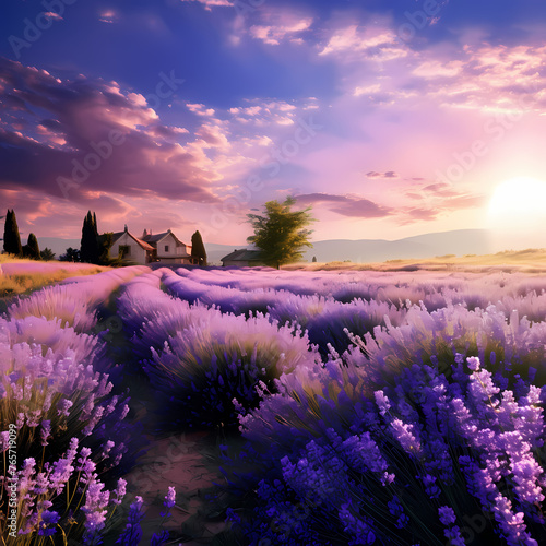A field of blooming lavender in the countryside.