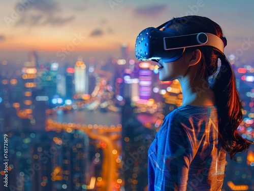 Virtual reality experience exploring a futuristic cityscape