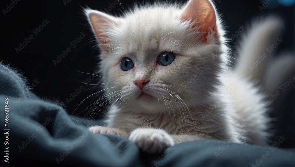 Fototapeta premium Serene White Cat with Blue Eyes in black background
