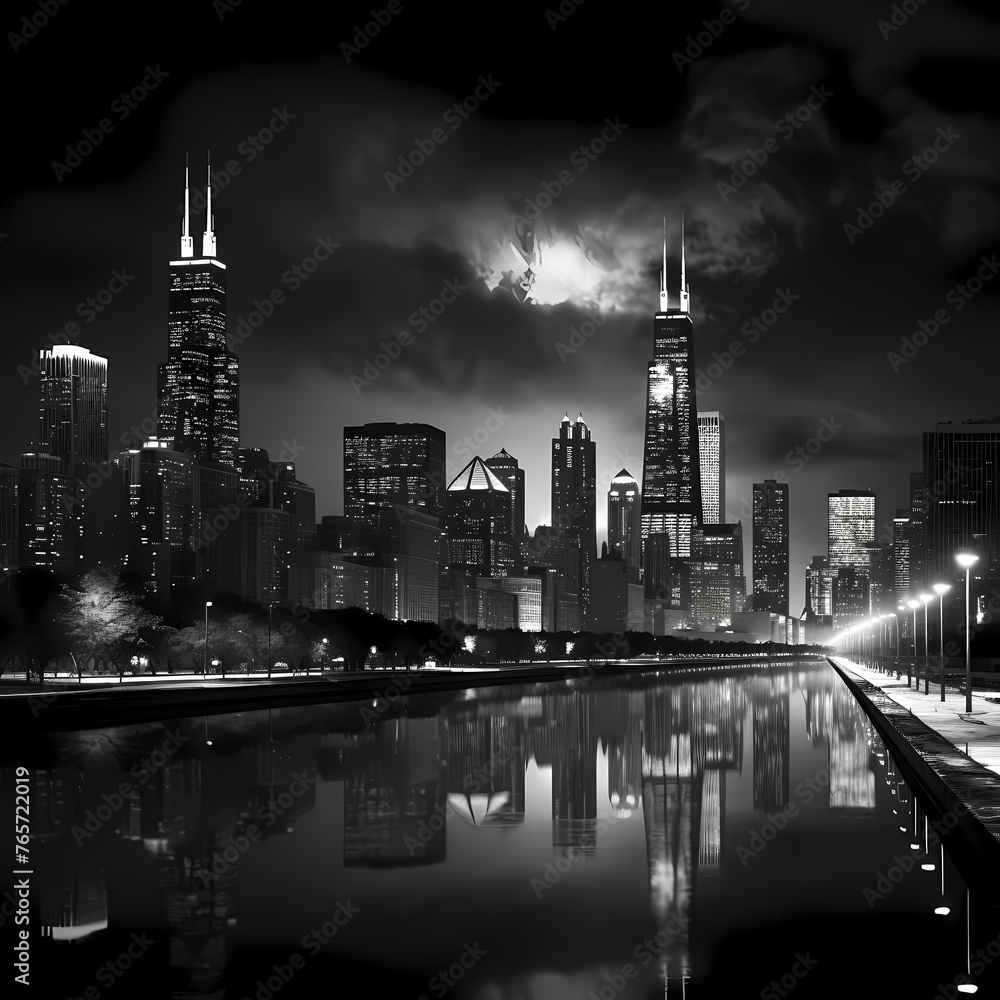 A sophisticated black and white photo of a city skyline