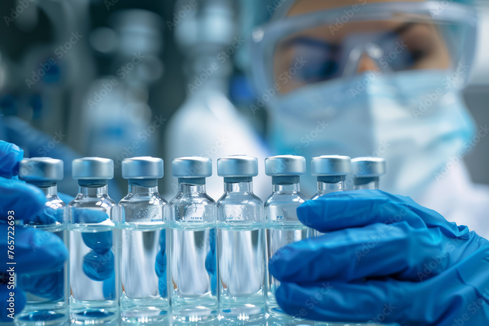 Medical Gloves Handling Test Tube Vials in Laboratory, Vaccine, Scientist - Generative AI