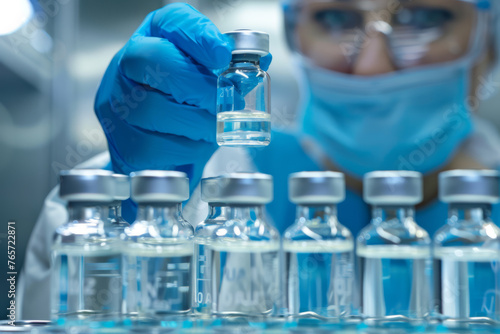 Obraz na płótnie Medical Gloves Handling Test Tube Vials in Laboratory, Vaccine, Scientist - Generative AI w salonie