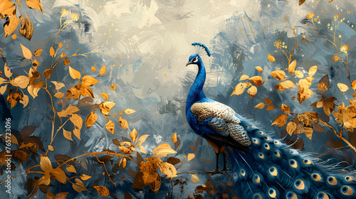 Abstract artistic background. Peacock, retro, nostalgic, golden brushstrokes. Textured background.. generative ai