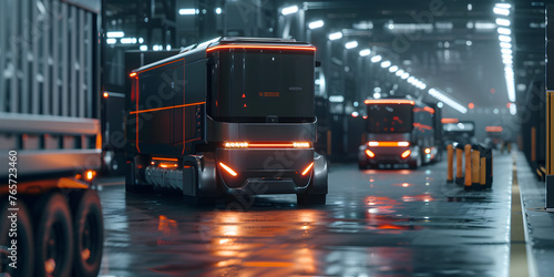 A selfdriving futuristic freight truck delivers supplies to a warehouse on a city highway route using advanced scanning sensors for safety and speed control as well as . 