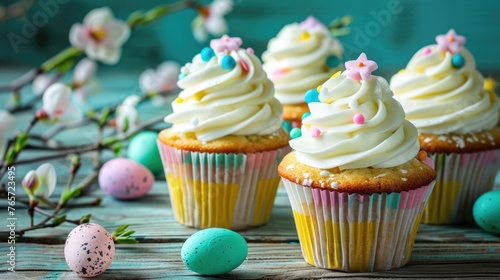 Easter Cupcakes on Wooden Background - Delicious Spring Cake Desserts for Fun Celebrations